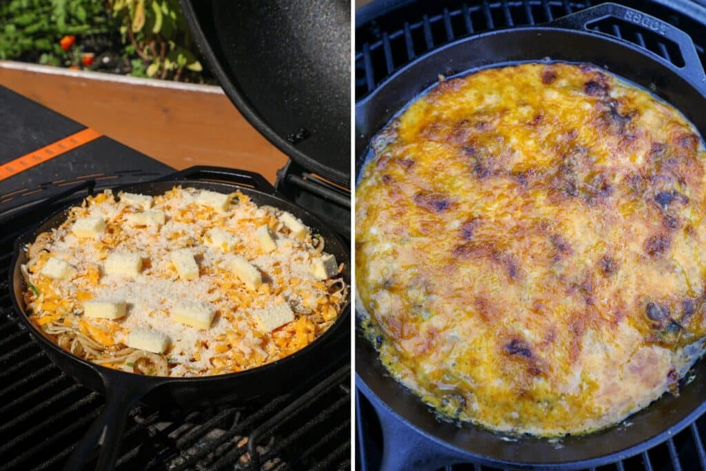 smoking the onions on the grill in a cast iron skillet